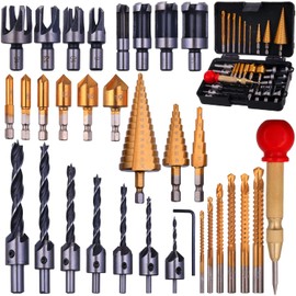 Rocaris 32 Pack Woodworking Chamfer Drilling Tools, Including Countersink Drill Bits, L-Wrench, Wood Plug Cutter, Step Bit, Center Punch, Cutting Twist Bits
