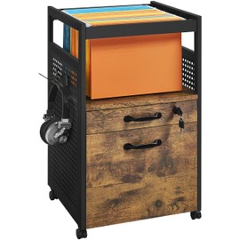 Yaheetech File Cabinets Industrial Office File Cabinet Mobile Filing Cabinet with Open Storage Shelf, Wood Filing Cabinet fits A4, Letter for Home Office Black/Rustic Brown