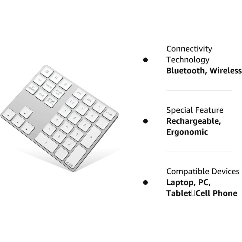 Teclado numérico Bluetooth recargable, de aluminio de 34 teclas, teclado
