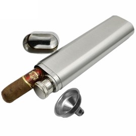 CNFLASK Stainless Steel Cigar Case Cigar Tube Pocket Cigar Holder (Double cigar case with tube flask, Brush finish)