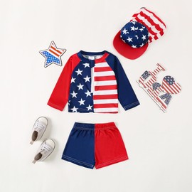 Boys Three Piece Rash Guard Swimsuits Long Sleeve Stars Stripe Print Tops Shorts Swimwear Sets with Sun Hat (Blue, 12-18 Months)