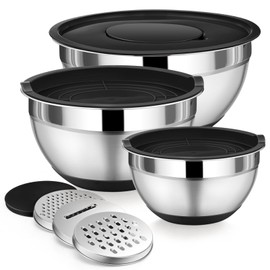 P&P CHEF Mixing Bowl with Black Lids Set of 3, Stainless Steel Nesting Salad Bowls for Serving Preparing, 3 Grater Attachments & Non-Slip Bottoms, Size 1.5/2.6/4.6 QT