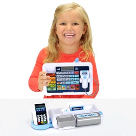 Tablet cash station, play cash register with sound and removable tablet, POS terminal with mechanical function, scanner and play money, toy for children from 3 years