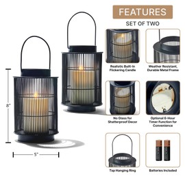 LampLust Outdoor Lantern Decorative Outdoor Patio Decor, Set of 2, 8 Inch Candle Lanterns, Black Metal, Outdoor Lanterns for Patio Waterproof, Battery Included, Modern Farmhouse Front Porch Decor