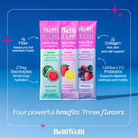 Belli Welli Daily Fiber Supplement Packets with Collagen, Probiotics & Electrolytes | Single Serve Packets for Gut Health, Digestion & Debloating | Variety | 10 Count