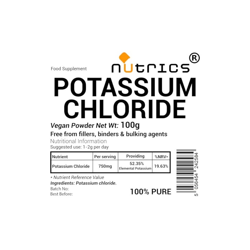Potassium Chloride 100g 100% Pure - Free from Fillers Binders