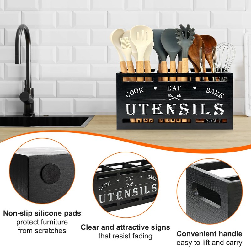 Extra Large Black Wood Utensil Holder Organizer Farmhouse Kitchen Decor