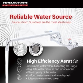 DuraSteel Commercial Kitchen Sink Faucet - No Lead 8" Center Wall Mount Utility Sink Faucet with 16'' Swivel Spout - NSF Certified - Dual Lever Handles - Brass Constructed & Chrome Polished