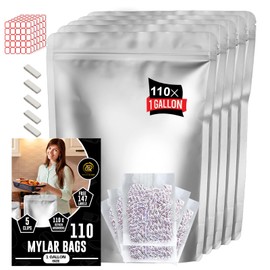 110 PCS 1 Gallon Mylar Bags with 500cc x110 Oxygen Absorbers - 147 Labels & 10 MIL Thick Stand-Up Reusable Airtight Resealable Bags, Large Mylar Bags for food storage with 5 Clips