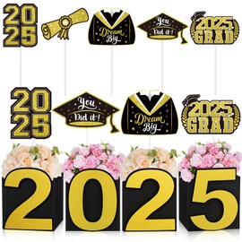 Weekgrat Graduation Table Centerpieces Class of 2025 DIY Grad Centerpiece Include Boxes Felt and Toppers for College High School Congrats Graduation Party Supplies (Black and Gold)