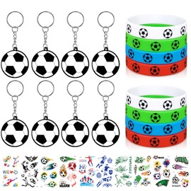 Pack of 26 Football Gifts, 8 Pieces Football Key Rings + 8 Pieces Football Bracelet with Different Colours + 10 Sheets Football for Children's Birthday Party / Small Gifts for Children