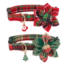 ADOGGYGO Christmas Dog Collar with Floral, Adjustable Xmas Dog Flower Collars, Red Green Plaid Dog Christmas Collars for Small Medium Large Dogs (Small, Christmas)