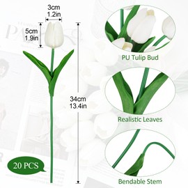 ADORAMOUR White Artificial Tulips - 20 Pack 34cm Length Fake Flower Bouquet, Real Touch PU Faux Floral Decor for Vase, Wedding Table, Home Indoor, Spring Easter & Party
