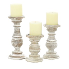 Deco 79 Mango Wood Decorative Candle Holder Turned Style Pillar Candle Stand, Set of 3 Candlestick Holder 6", 8", 10"H, Cream