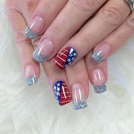 4th of July Press on Nails French Tip Fake Nails Silver Tips American Flag Stars Design Independence Day False Nails Full Cover Nude Stick on Nails Cute Glue on Nails for Women 4th of July Nails