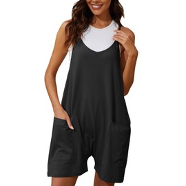 Muchpow Women's V Neck Sleeveless Romper Summer Casual Loose Spaghetti Strap Short Overalls Jumpersuit with Pockets, Black, Large