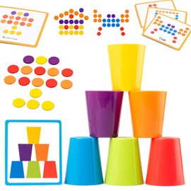 6PCS Stacking Cups Game, Color Sorting Toys with 60PCS Wooden Coins Color Matching Game Montessori Toys for 3 4 5 Years Old Birthday for Boys Girls Kids (50PCS Cards Included)