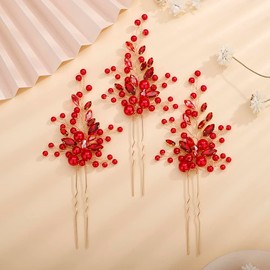 Rumtock 3pcs Red Crystal Hair Pins Long Side Hair Piece for Wedding Brides Bridesmaid Boho Hair Accessories for Prom (Red)