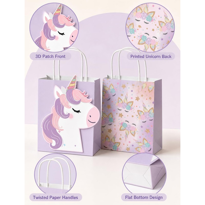 16 PCS Unicorn Party Favor Bags, Unicorn Birthday Gift Bags