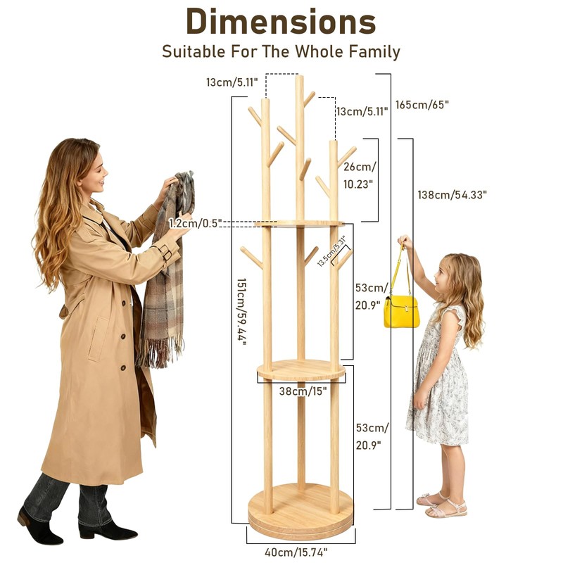 YYW 360° Wood Coat Rack Stand With Hooks And Shelves