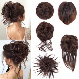 FORCUTEU 5 PCS Messy Bun Hair Pieces Tousled Updo Hair Messy Curly Bun Hair Extension Ponytail Scrunchies Hairpiece with Elastic Band Accessories Set for Women Girls (Dark Brown mix Light Auburn)