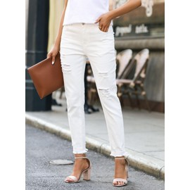 EVALESS White Womens Jeans Stretch Boyfriend Ripped Distressed Frayed Raw Straight Ankle Hem Denim Pants Tummy Control Size 12