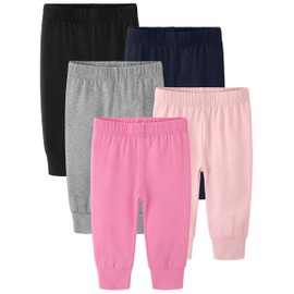 Cvaoo 5-Pack Unisex Baby Pants 0-24M, Cotton Baby Boy Girl Pants Pull-On Leggings for Infant Boys & Girls, Multicolor Gray, Black, Navy, Rose, Light Pink Set B 18M