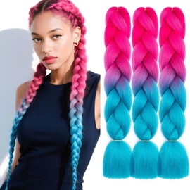 Raheem Pack of 3 Jumbo Braids Hair 24 Inch Braided Hair Extensions, Braided Hair Extensions with 3 Crochet Hooks, Fashionable Synthetic Hair for Braiding Hair (Pink, Blue)