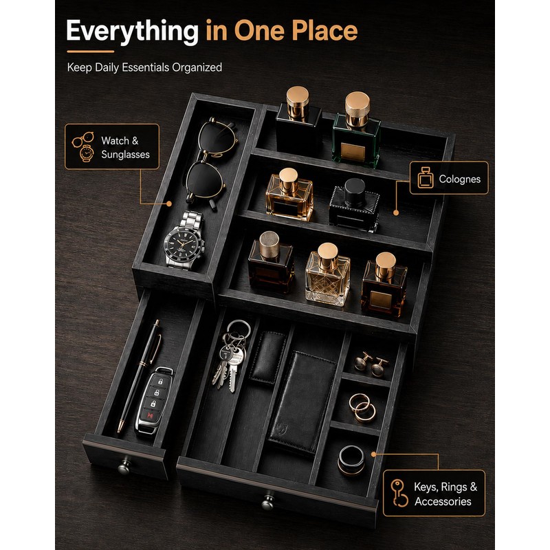 2-Drawer Cologne Organizer for Men, Fully Assembled, Solid Pine, Black/Gray