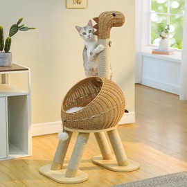 PAWZ Road 46” Dinosaur Cat Tree Tower with Scratching Post, Large Rattan Cat House in 18” Diameter, Wicker Cat Bed with Removable Mat for Indoor Cats