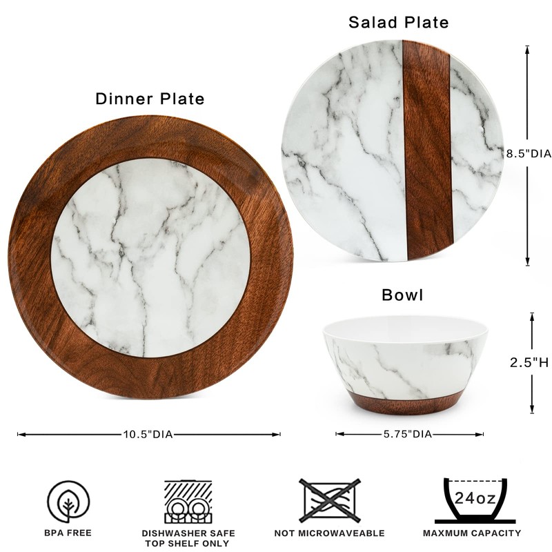 LEHAHA Rustic Modern Melamine Dinnerware Sets, Marble 12-Piece Lightweight Outdoor