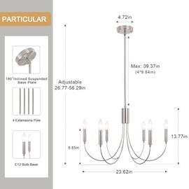 LIHHGFGS 6-Light Farmhouse Candle Chandelier for Dining Room Light Fixture Brushed Nickle Modern Foyer Chandeliers Industrial Pendant Ceiling Hanging Lamp for Living Room Kitchen Island and Entryway
