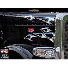 No. 12 Semi Truck Flame Decals - Sunken White/Blue Fade & Chrome Cross - 12 pc. Set - Peterbilt 379 389 Kenworth W900 W900L Freightliner Classic XL