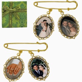 VSHZXFH Wedding Bouquet Photo Charm Bouquet Charms for Wedding Memory Bridal Lacy Oval Bridal Angel Double Pendant Style You Are Always in My Heart Charm Pin with Photo Resizer (Gold)