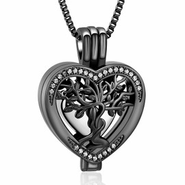 XSMZB Cremation Urn Necklace for Ashes of Loved One Tree of Life Heart Memorial Ash Pendant Funeral Keepsake Jewelry for Women(Black-Silver)