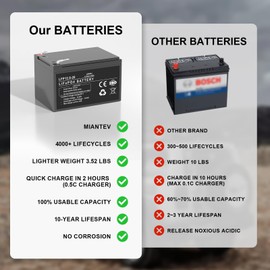 Miantev 12V 20Ah Lifepo4 Battery, 5000+ Deep Cycles Rechargeable Battery, Built-in 20A BMS, Perfect for RVs, Camping, Off-Grid Applications, UPS, Power Tools, and Solar Energy Storage Systems