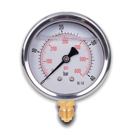 Glycerine Pressure Gauge with Radial Connection, IP65 Stainless Steel 63 mm with Lower Connection, 1/4 Glycerine (0-40 bar)