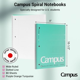 KOKUYO Spiral Notebook, 3 Pack Campus 10-1/2" x 8" Subject Notebooks with Wide Ruled, 80 Sheets, Purple Orange Turquoise 3 Holes School Spiral Journal for Work Study Note Taking (WSG-SU-400G3×3)