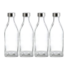 Whole Housewares 34 Oz Glass Square Water Bottles for Beverages and Juicer Use Stainless Steel Leak Proof Caps 4 Pack
