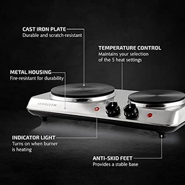 OVENTE OVENTE Electric Countertop Double Burner, 1700W Cooktop with 7.25" and 6.10" Cast Iron Hot Plates, Temperature Control, Portable Cooking Stove and Easy to Clean Stainless Steel Base, Silver BGS102S