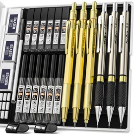 Nicpro 6Pack Art Mechanical Pencil Set, 3Pack Metal Drafting Pencil 0.5 mm & 0.7 mm & 0.9 mm & 3Pack 2mm Graphite Lead Holder (2B HB 2H) For Writing, Sketching Drawing With Lead Refills Case - Color: Gold
