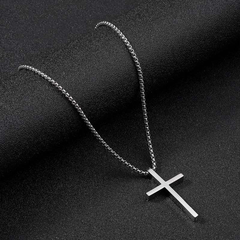ElegGlo Cross Necklace For Men, Silver Stainless Steel Plain Cross