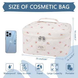 Gosect Large Travel Quilted Makeup Bag for Women,Big Floral Cotton Cosmetic Bag, Cute Coquette Aesthetic Floral Toiletry Organizer Bag (Plaid-Flower)