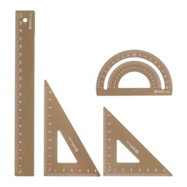 sourcing map 4pcs Geometry Tool Set Math Ruler 20cm Metric Measure Metal Aluminum Alloy Measuring Set Triangle Protractor Laser Engraving with Storage Box for Classroom Teacher, Brown