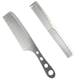 2 Pcs Metal Comb, Stainless Steel Fine Tooth Comb Set, Barber Combs for Men & Women, Anti-Static, Heat Resistant Cutting & Styling Hair Comb, Hollow out handle, Professional Hairdressing Tool Kit