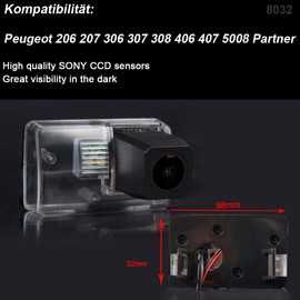 Super HD Pro Reversing Camera Waterproof Night Vision Car Rear View Camera Parking Aid Reversing System License Plate Light (Black) for Peugeot 206/207/306/307/308/406/407/5008 SM Sedan