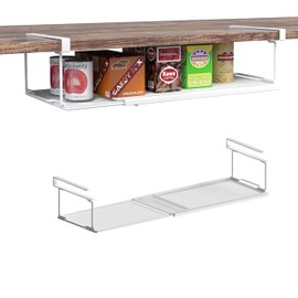 ROLIZOE Expandable Under Cabinet Organizer, Under Shelf Basket, Metal Hanging Under Desk Basket for Laundry Room, Cabinet, Shoe Bench, Closet, Paper Plate Storage (White - 2PCS)