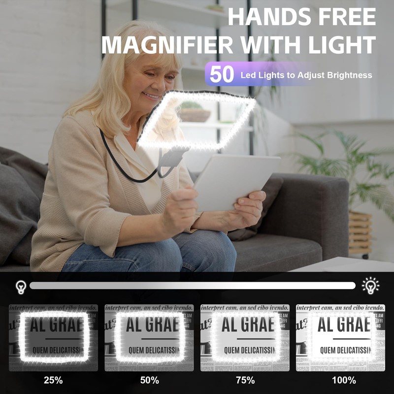 Large Hands Free Magnifying Glass with Light 50 Ultra-Bright LEDs