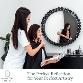 Hamilton Hills Black Circle Mirror - 33 x 33in - Chic Round Mirror for Living Room, Bathroom, Entryway, Vanity Decor -Dimensional Crystal Clear Beads Reflect Light -Home Wall Decor Mirror