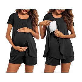 Ekouaer Maternity Nursing Pajama Set Double Layer Breastfeeding Sleepwear Short Sleeve Top & Shorts with Pockets Black S